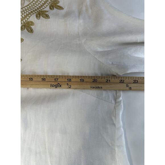 Chelsea & Theodore Size Large Tunic 100% Linen White & Gold Embroidered Casual - Picture 10 of 12